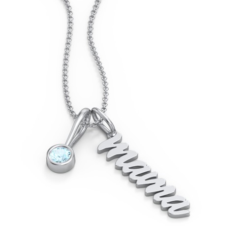 Script Mama Necklace with Birthstone Charm – Sterling Silver with Blue Topaz