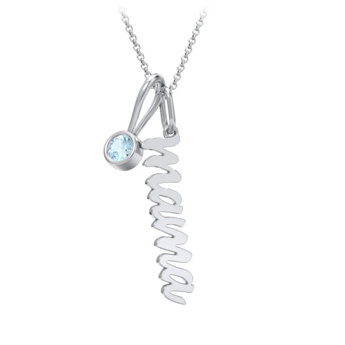 Script Mama Necklace with Birthstone Charm – Sterling Silver with Blue Topaz