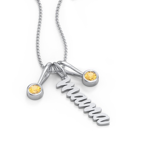Script Mama Necklace with 2 Birthstone Charms – Sterling Silver with Citrine