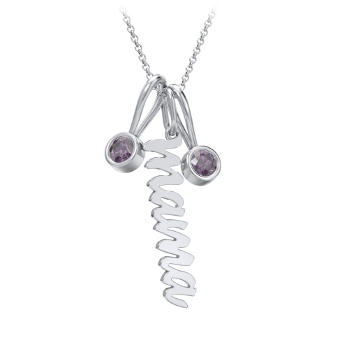 Script Mama Necklace with 2 Birthstone Charms – Sterling Silver with Alexandrite