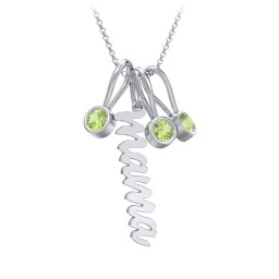 Script Mama Necklace with 3 Birthstone Charms in 925 Sterling Silver with Peridot