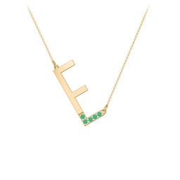 Asymmetrical Initial Necklace with Accent Stones - E in 18K Gold Plated Silver with Emerald