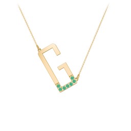 Asymmetrical Initial Necklace with Accent Stones - G in 18K Gold Plated Silver with Emerald