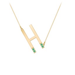 Asymmetrical Initial Necklace with Accent Stones - H in 18K Gold Plated Silver with Emerald
