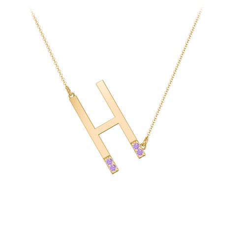 Asymmetrical Initial Necklace with Accent Stones - H – 18K Gold Plated Silver with Amethyst