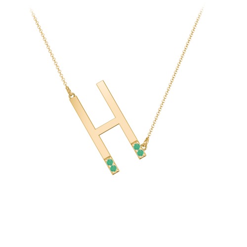 Asymmetrical Initial Necklace with Accent Stones - H – 18K Gold Plated Silver with Emerald