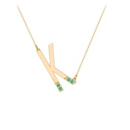 Asymmetrical Initial Necklace with Accent Stones - K in 18K Gold Plated Silver with Emerald