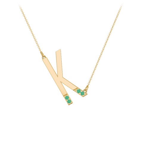 Asymmetrical Initial Necklace with Accent Stones - K – 18K Gold Plated Silver with Emerald