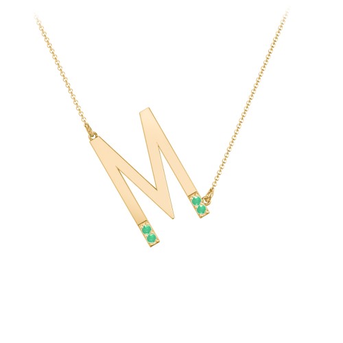 Asymmetrical Initial Necklace with Accent Stones - M – 18K Gold Plated Silver with Emerald