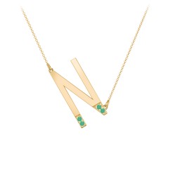 Asymmetrical Initial Necklace with Accent Stones - N in 18K Gold Plated Silver with Emerald