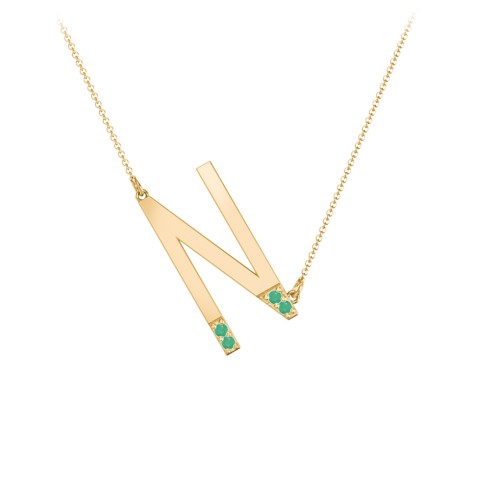 Asymmetrical Initial Necklace with Accent Stones - N – 18K Gold Plated Silver with Emerald