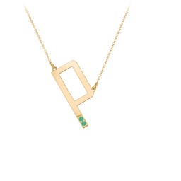 Asymmetrical Initial Necklace with Accent Stones - P in 18K Gold Plated Silver with Emerald