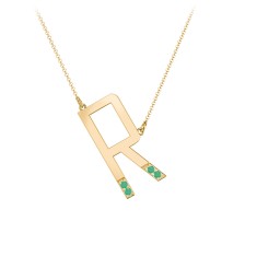 Asymmetrical Initial Necklace with Accent Stones - R in 18K Gold Plated Silver with Emerald