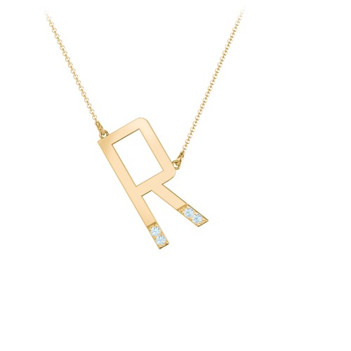 Asymmetrical Initial Necklace with Accent Stones - R – 18K Gold Plated Silver with Blue Topaz