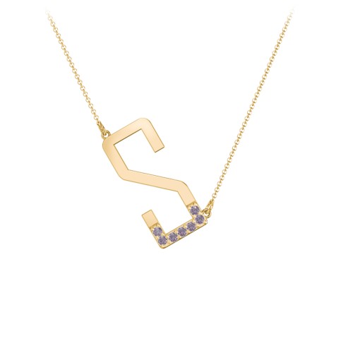 Asymmetrical Initial Necklace with Accent Stones - S – 18K Gold Plated Silver with Alexandrite