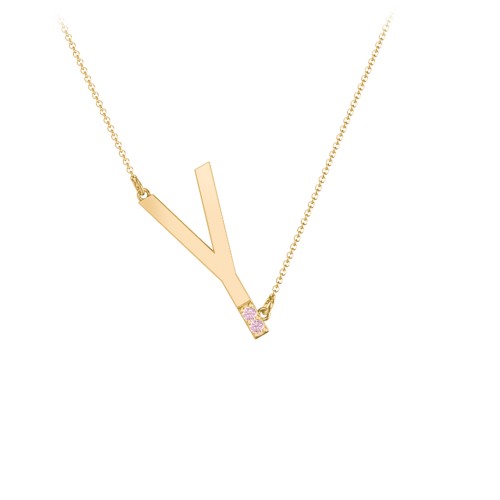 Asymmetrical Initial Necklace with Accent Stones - Y – 18K Gold Plated Silver with Pink Tourmaline