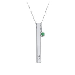 Engravable Vertical 3D Bar Necklace with 1-Stone Charm in 925 Sterling Silver with Emerald