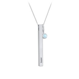 Engravable Vertical 3D Bar Necklace with 1-Stone Charm in 925 Sterling Silver with Blue Topaz