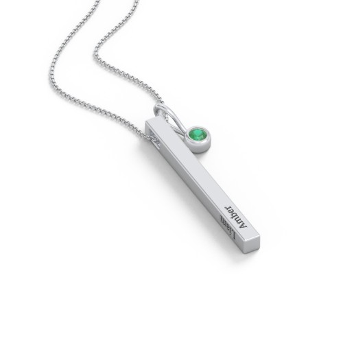 Engravable Vertical 3D Bar Necklace with 1-Stone Charm – Sterling Silver with Emerald
