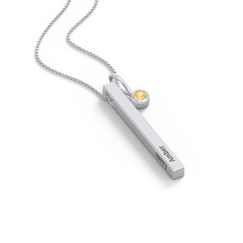 Engravable Vertical 3D Bar Necklace with 1-Stone Charm – Sterling Silver with Citrine