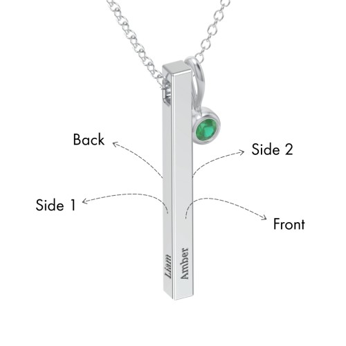 Engravable Vertical 3D Bar Necklace with 1-Stone Charm – Sterling Silver with Emerald