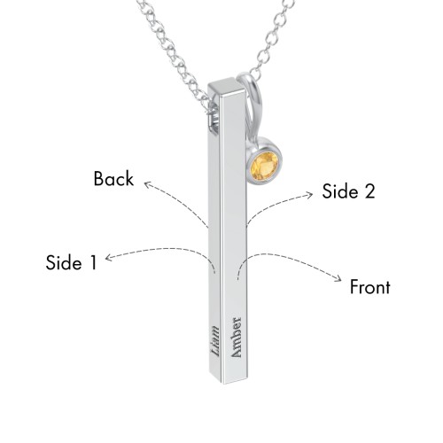 Engravable Vertical 3D Bar Necklace with 1-Stone Charm – Sterling Silver with Citrine