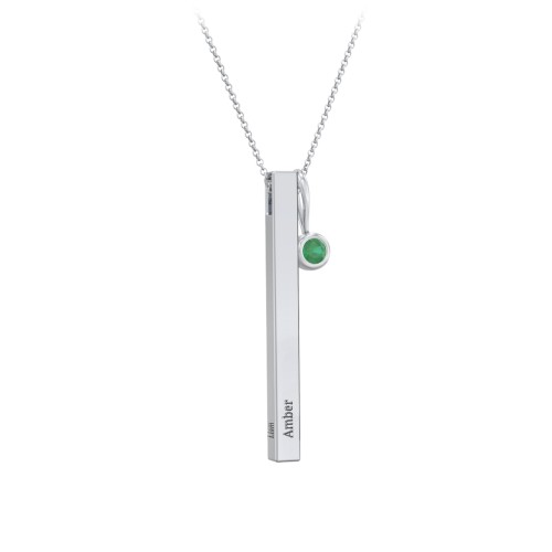 Engravable Vertical 3D Bar Necklace with 1-Stone Charm – Sterling Silver with Emerald