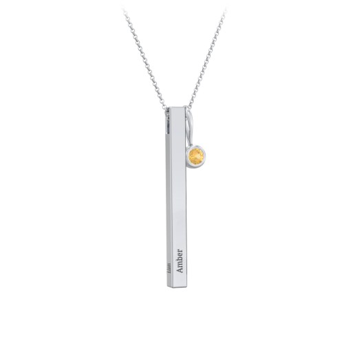 Engravable Vertical 3D Bar Necklace with 1-Stone Charm – Sterling Silver with Citrine