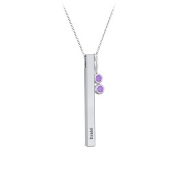 Engravable Vertical 3D Bar Necklace with 2-Stone Charm in 925 Sterling Silver with Amethyst