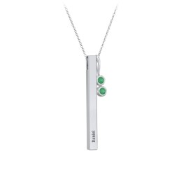 Engravable Vertical 3D Bar Necklace with 2-Stone Charm in 925 Sterling Silver with Emerald