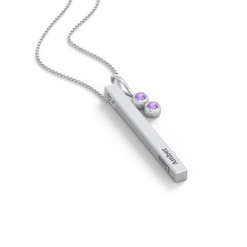 Engravable Vertical 3D Bar Necklace with 2-Stone Charm – Sterling Silver with Amethyst