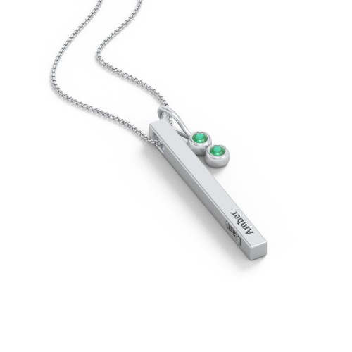 Engravable Vertical 3D Bar Necklace with 2-Stone Charm – Sterling Silver with Emerald