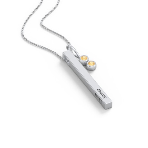 Engravable Vertical 3D Bar Necklace with 2-Stone Charm – Sterling Silver with Citrine