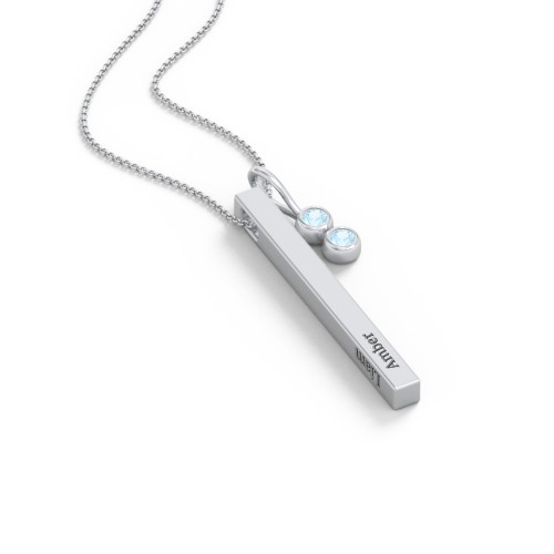 Engravable Vertical 3D Bar Necklace with 2-Stone Charm – Sterling Silver with Blue Topaz