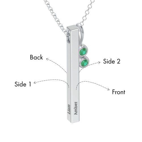Engravable Vertical 3D Bar Necklace with 2-Stone Charm – Sterling Silver with Emerald