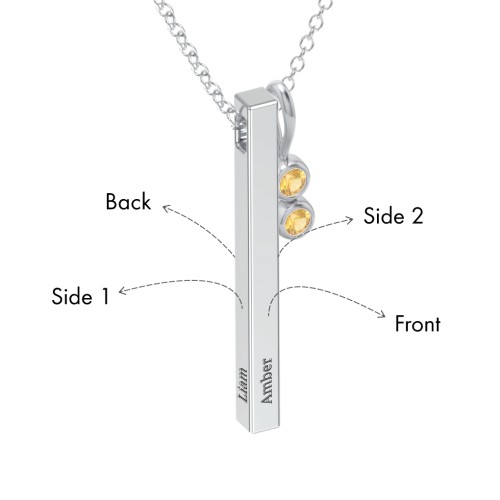 Engravable Vertical 3D Bar Necklace with 2-Stone Charm – Sterling Silver with Citrine