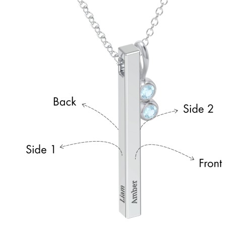 Engravable Vertical 3D Bar Necklace with 2-Stone Charm – Sterling Silver with Blue Topaz
