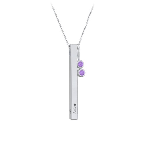 Engravable Vertical 3D Bar Necklace with 2-Stone Charm – Sterling Silver with Amethyst