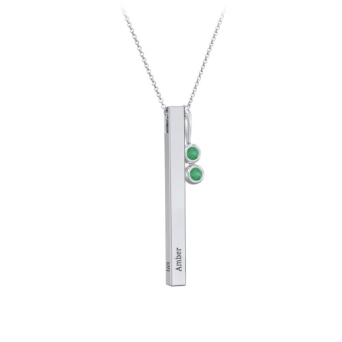 Engravable Vertical 3D Bar Necklace with 2-Stone Charm – Sterling Silver with Emerald