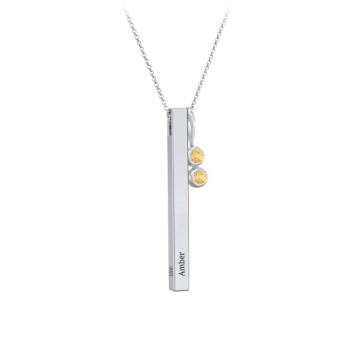 Engravable Vertical 3D Bar Necklace with 2-Stone Charm – Sterling Silver with Citrine