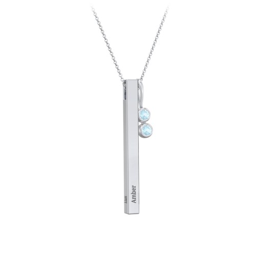 Engravable Vertical 3D Bar Necklace with 2-Stone Charm – Sterling Silver with Blue Topaz