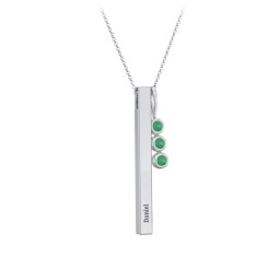 Engravable Vertical 3D Bar Necklace with 3-Stone Charm in 925 Sterling Silver with Emerald