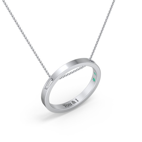 Engravable Floating Circle Necklace with Hidden Gemstones – Sterling Silver with Emerald