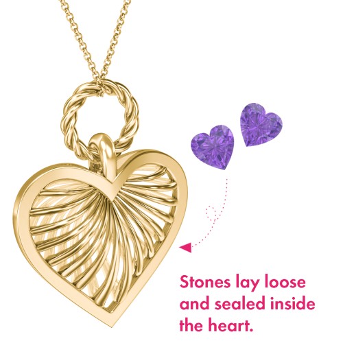 Radiant Caged Heart Necklace with 1-6 Birthstones – 18K Gold Plated Silver with Amethyst