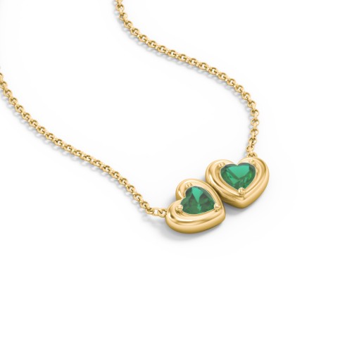 Puffy Heart Pendant with 2 Birthstones – 18K Gold Plated Silver with Emerald