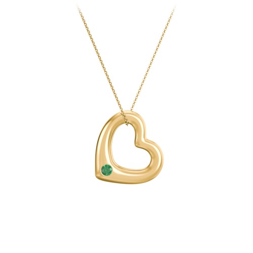 Floating Puffy Heart Pendant with 2 Birthstones – 18K Gold Plated Silver with Emerald