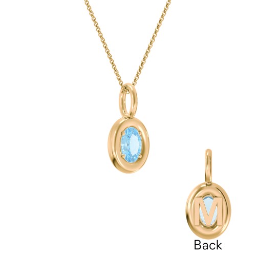 Oval Frame Stone Necklace With Back Initial – 18K Gold Plated Silver with Blue Topaz