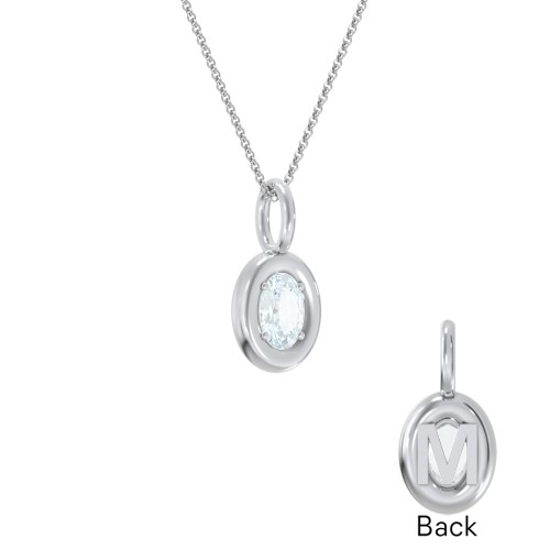 Oval Frame Stone Necklace With Back Initial – Sterling Silver with Aquamarine
