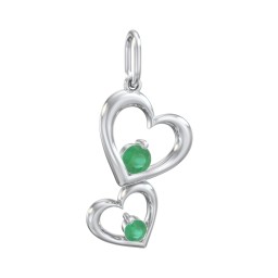 Tilted Hearts Charm with Gemstones in 925 Sterling Silver with Emerald