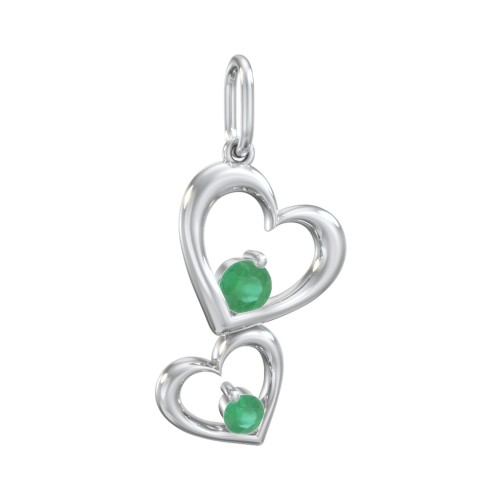 Tilted Hearts Charm with Gemstones – Sterling Silver with Emerald